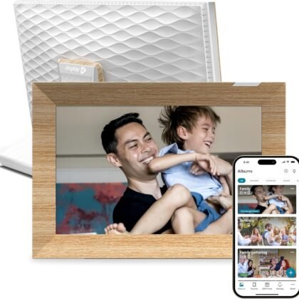 Nixplay Digital Touch Screen Picture Frame with WiFi - 10.1” Photo Frame, Connecting Families & Friends (White/Wood)