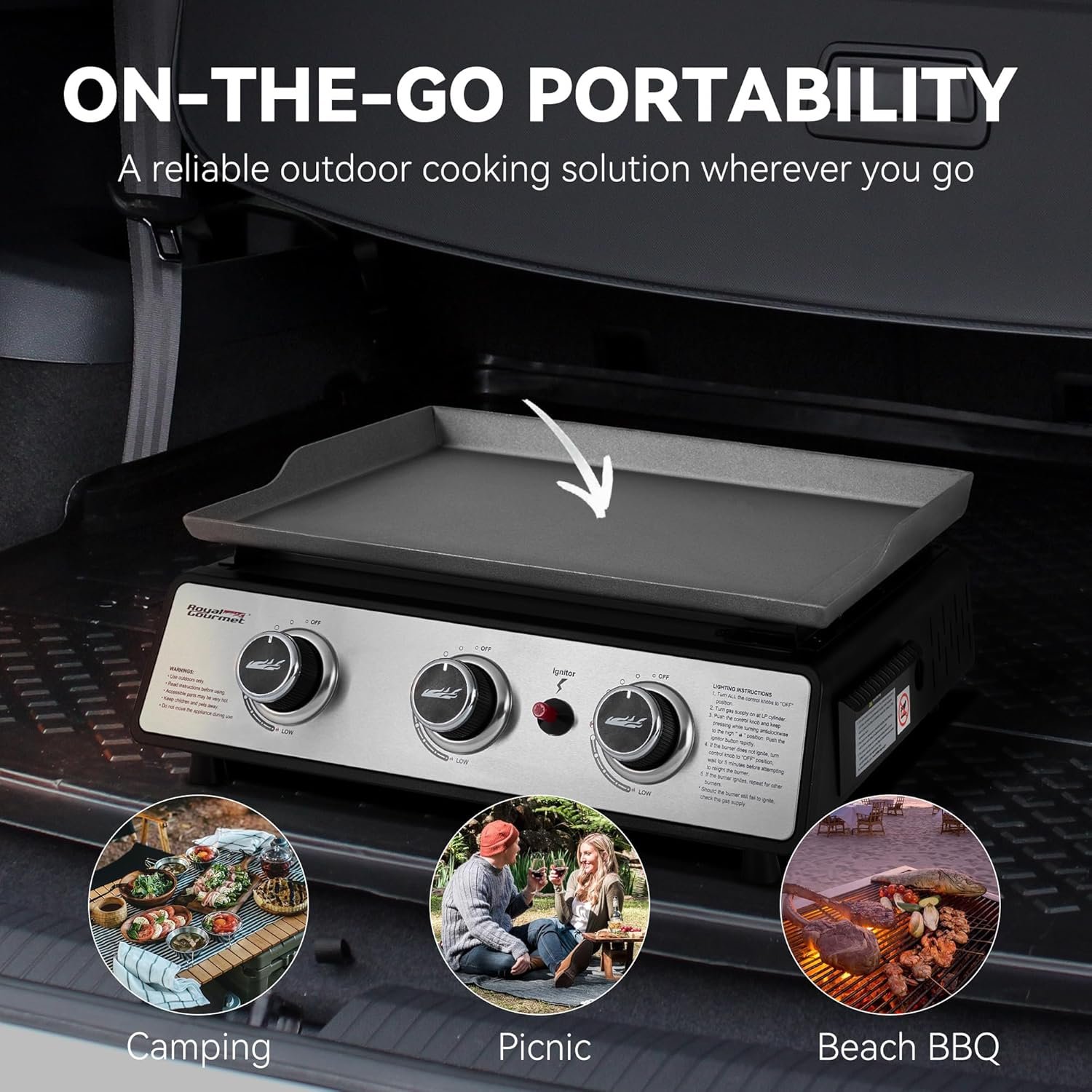 Royal Gourmet PD1301S Portable 3-Burner Tabletop Gas Griddle, 25,500 BTU Cooking Power, 304 Sq. In. Cooking Surface, Ideal for Camping & Tailgating, Black & Silver - Image 4