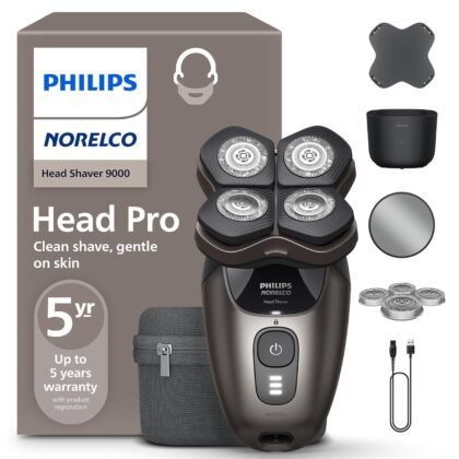 Philips Norelco Head Shaver Pro 9000 Series - Skull Shaver for Men and Women, 360° Flexing Head & ComfortCut Blades for Clean Shave, Gentle on Skin, Model HS9980/40