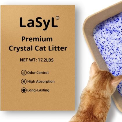 LaSyL Premium Crystal Cat Litter - 17.2 lb, Four Months Lasting - Superior Odor Control & Absorption, Non-Clumping, Low Tracking Silica Gel Safe for Pet, White & Blue (4 Bags of 4.3 lb)