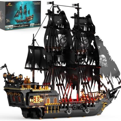JMBricklayer Pirate Ship Building Toys with Lights, Pearl Pirate Ship Model Boat Kit 40002, Black Ship Toy Building Sets for Adult Teens 14+, Home Office Decor(1713 PCS) New Upgrade