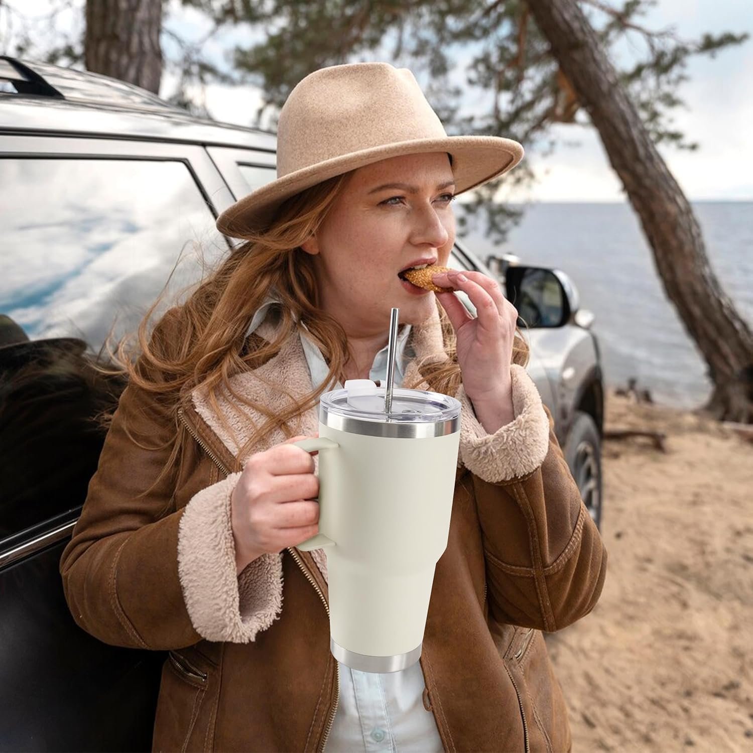 30 oz Tumbler With Handle, Double Wall Stainless Steel Vacuum Insulated Travel Mug with Splash-Proof Lid Metal Straw and Brush (Cream) - Image 7