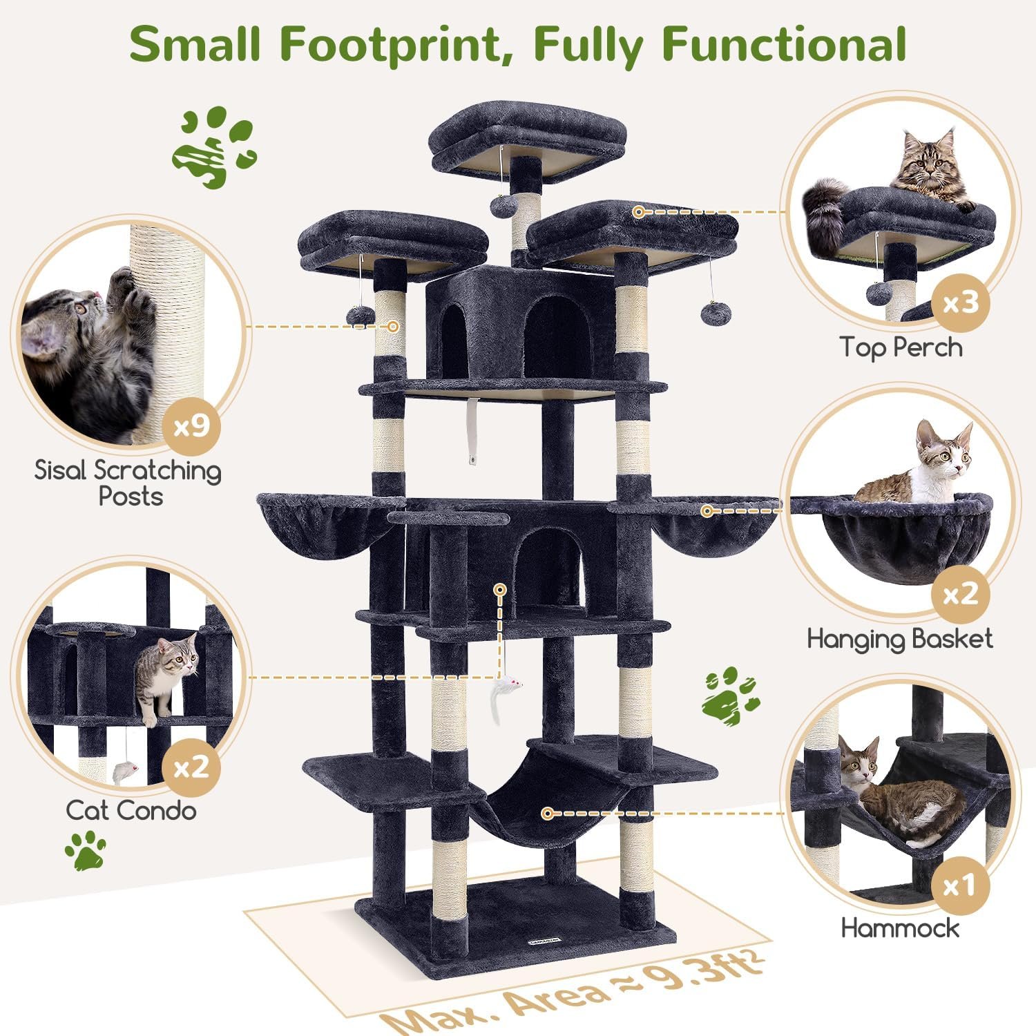 Globlazer Big Cat Tower for Indoor Cats, 80inch Cat Tower for Multiple Adult Cats XXL Cat Tree with Scratching Post, Hammock, 3 Perches, 2 Condos, 2 Hanging Basket, F80, Dark Grey - Image 4