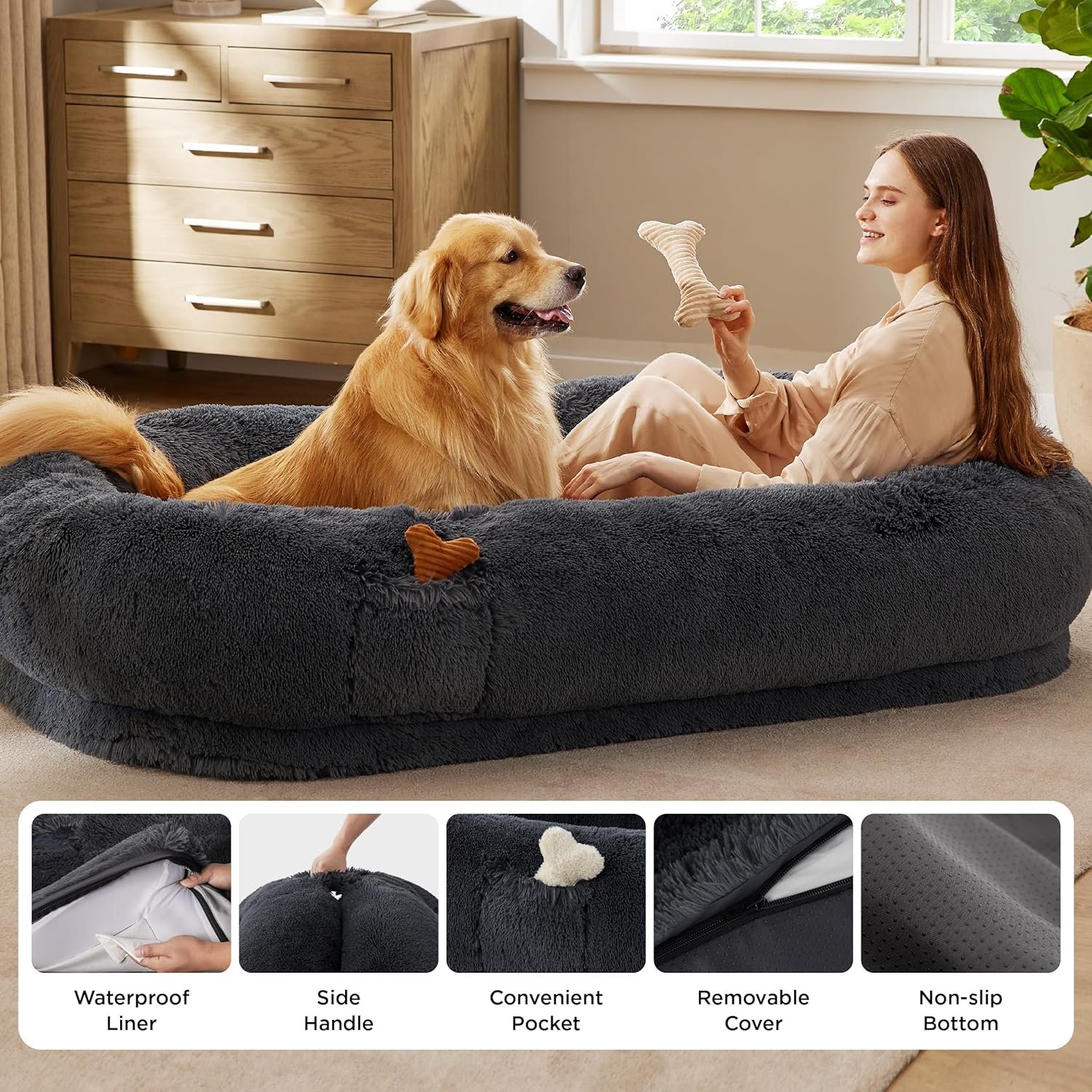 Bedsure Human Dog Bed, 71.0" x 44.0" x 12.0" Calming Giant Human Dog Bed for Adults People Fits Pet Families with Storage Pocket, Fluffy Faux Fur Orthopedic Pet Bean Bed, Dark Grey - Image 6
