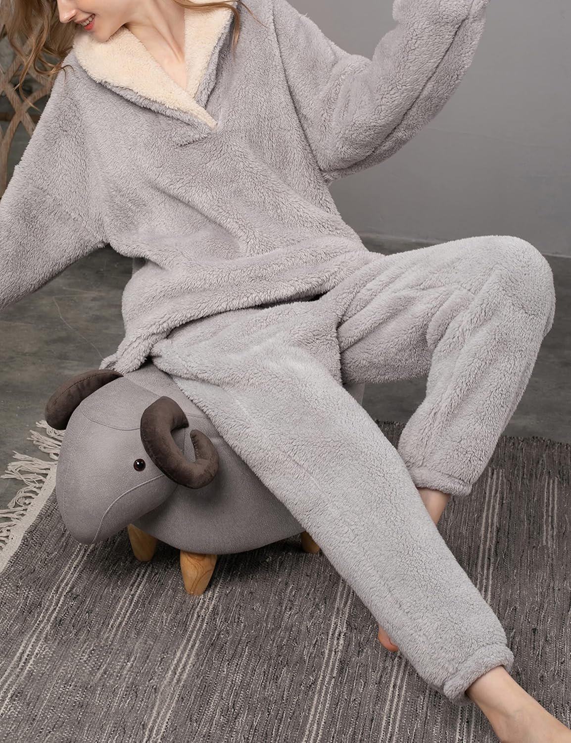 Tanming Womens Fluffy Pajamas Set Fleece Pullover Pants Plush Loungewear Sleepwear - Image 2