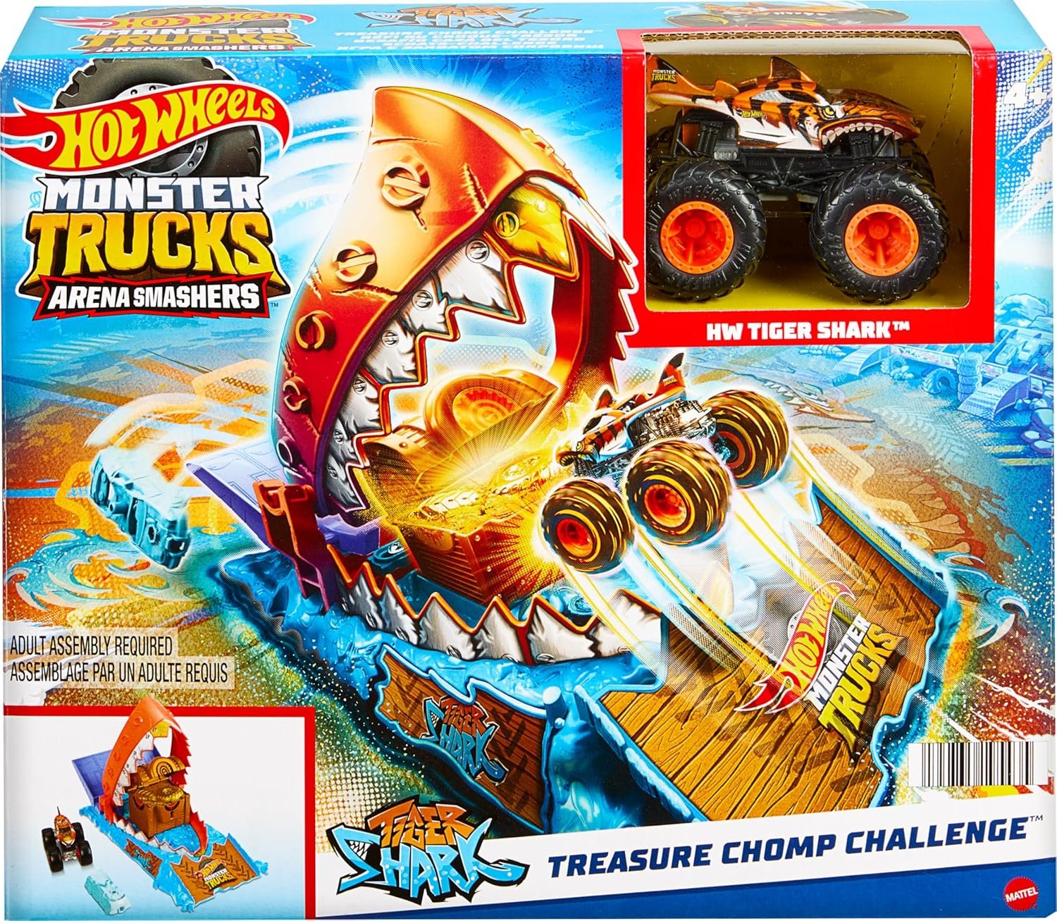 Hot Wheels Monster Trucks Arena Smashers Treasure Chomp Challenge Playset with 1:64 Scale Tiger Shark Toy Monster Truck & 1 Crushed Car - Image 6