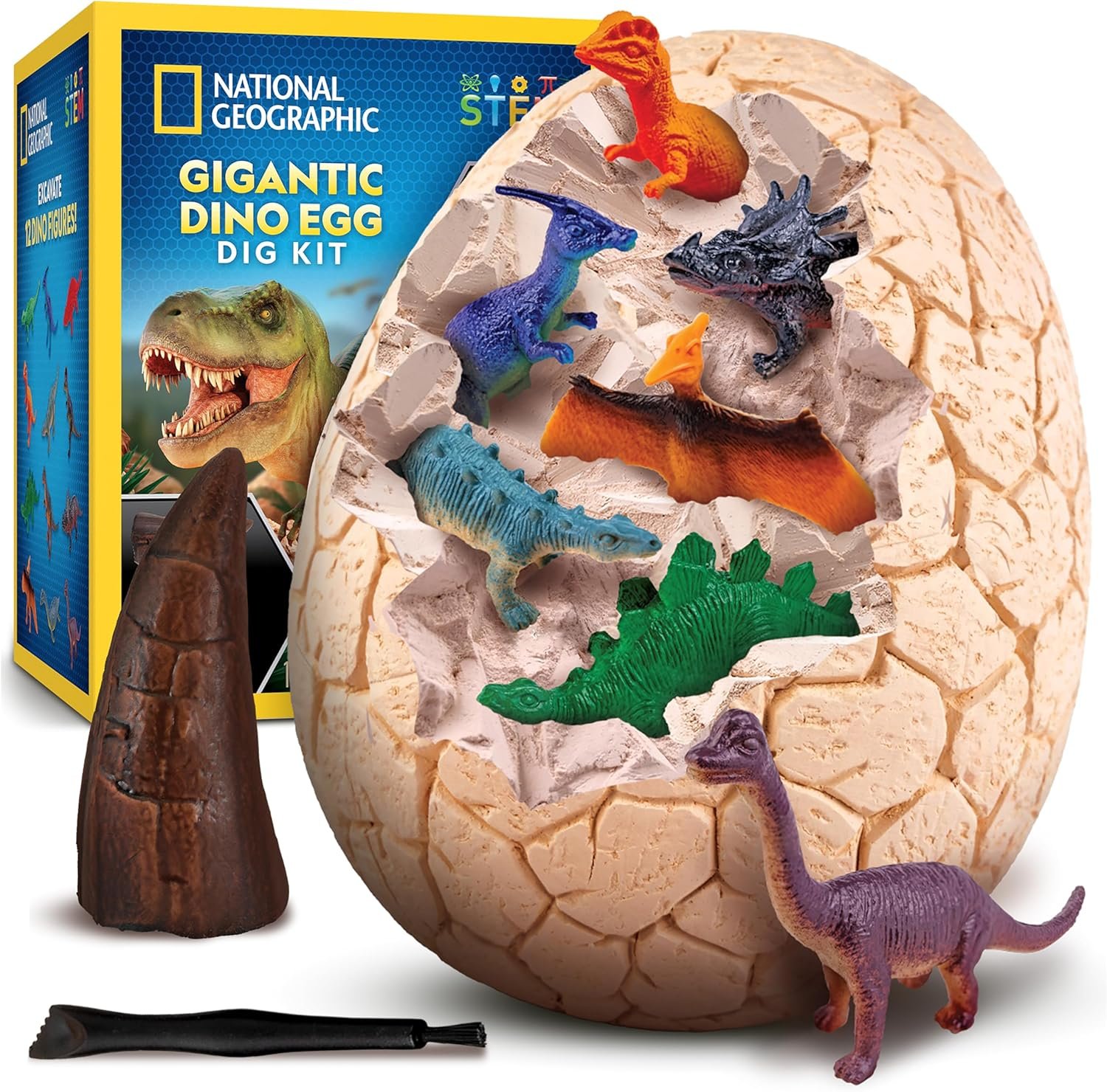 NATIONAL GEOGRAPHIC Jumbo Dinosaur Egg Dig Kit - Dig Out 12 Dino Figures & Replica T. Rex Tooth from Giant 6" Egg, Dino Egg, Jumbo Egg, Dinosaur Egg Toys, Educational Science Kits
