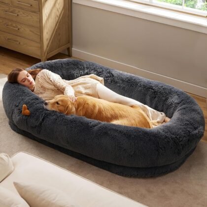 Bedsure Human Dog Bed, 71.0" x 44.0" x 12.0" Calming Giant Human Dog Bed for Adults People Fits Pet Families with Storage Pocket, Fluffy Faux Fur Orthopedic Pet Bean Bed, Dark Grey