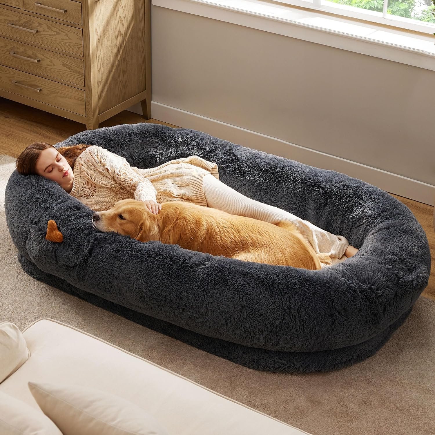 Bedsure Human Dog Bed, 71.0" x 44.0" x 12.0" Calming Giant Human Dog Bed for Adults People Fits Pet Families with Storage Pocket, Fluffy Faux Fur Orthopedic Pet Bean Bed, Dark Grey