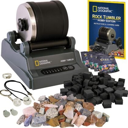 National Geographic Hobby Rock Tumbler Kit – Durable Leak-Proof Rock Polisher with 7-Day Timer, Complete Rock Tumbling Kit with Grit, Jewelry Settings & GemFoam Polish, Educational STEM Science Kit