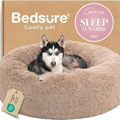 Bedsure Calming Dog Beds Large Sized Dog - Donut Washable Large Pet Bed, 36 inches Anti-Slip Round Fluffy Plush Faux Fur Dogs Bed, Fits up to 80 lbs Pets, Camel