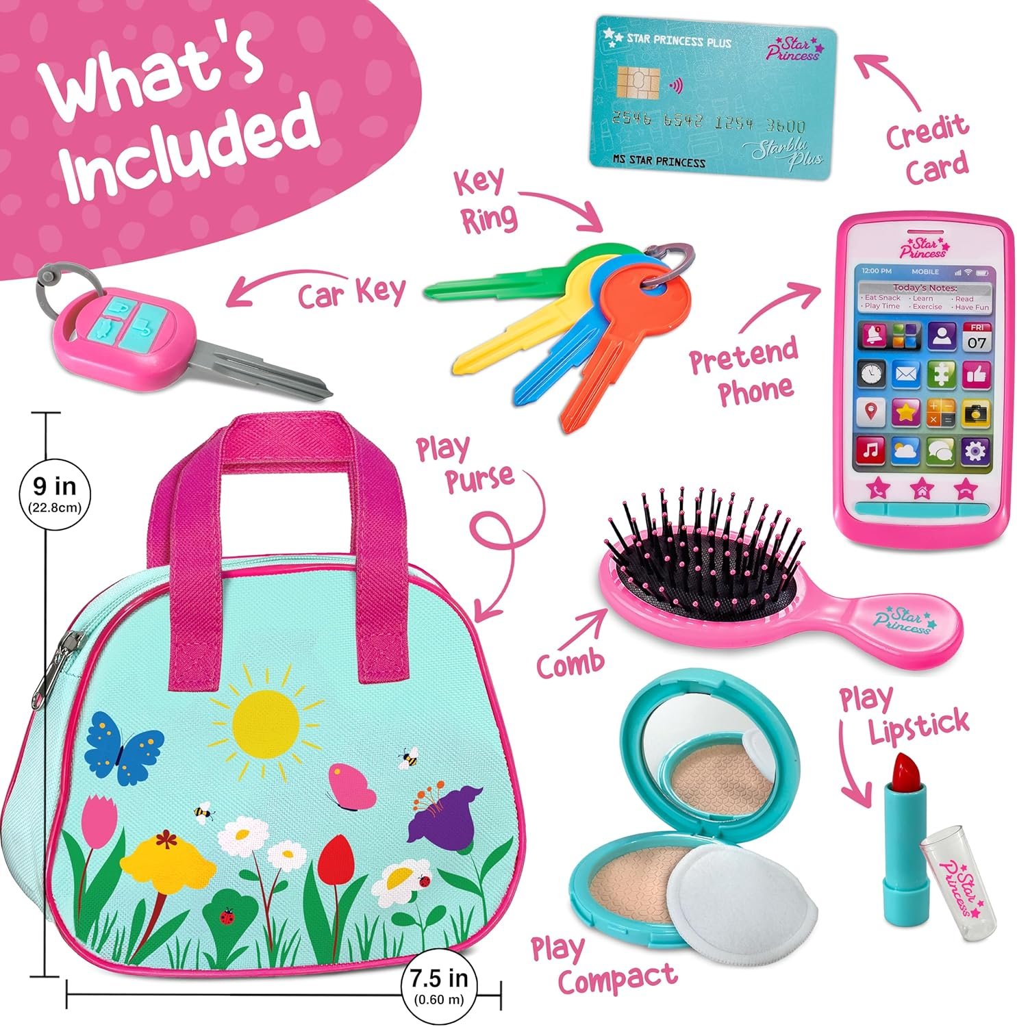 Play Purse for Toddlers with Accessories, Toddler Girl Toys 1 2 3 Years Old with Pretend Makeup, Keys, Smartphone, Toddler Toy Purse for Little Girls - Birthday Gift for Toddlers Girls Ages 2-3 - Blue - Image 3