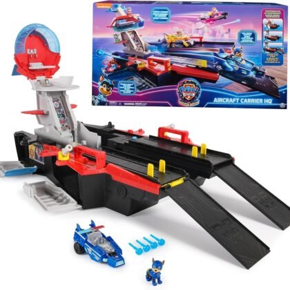 Paw Patrol: The Mighty Movie, Aircraft Carrier HQ, with Chase Action Figure and Mighty Pups Cruiser, Kids Toys for Boys & Girls 3+