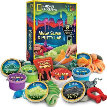 NATIONAL GEOGRAPHIC Mega Slime Kit & Putty Lab - 4 Types of Slime Plus 4 Types of Putty Including Magnetic, Slime Kit for Boys and Girls, Sensory Toy & Science Kit
