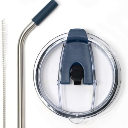 Spill Proof Tumbler Lid with Angled Stainless Steel Straw + Silicone Straw Tip + Straw Cleaning Brush for Yeti Rambler or Ozark Trail Tumblers (30oz, Navy)