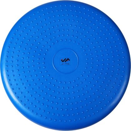 JFIT Inflatable Balance and Stability Disc - Large Yoga Wobble Cushion Trainer with Pump - Core Fitness and Workout Equipment Discs for Home - Office Chair, Ankle Strength Training and Dog or Pet Activity, Blue, 13-Inch