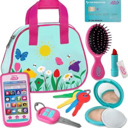 Play Purse for Toddlers with Accessories, Toddler Girl Toys 1 2 3 Years Old with Pretend Makeup, Keys, Smartphone, Toddler Toy Purse for Little Girls - Birthday Gift for Toddlers Girls Ages 2-3 - Blue