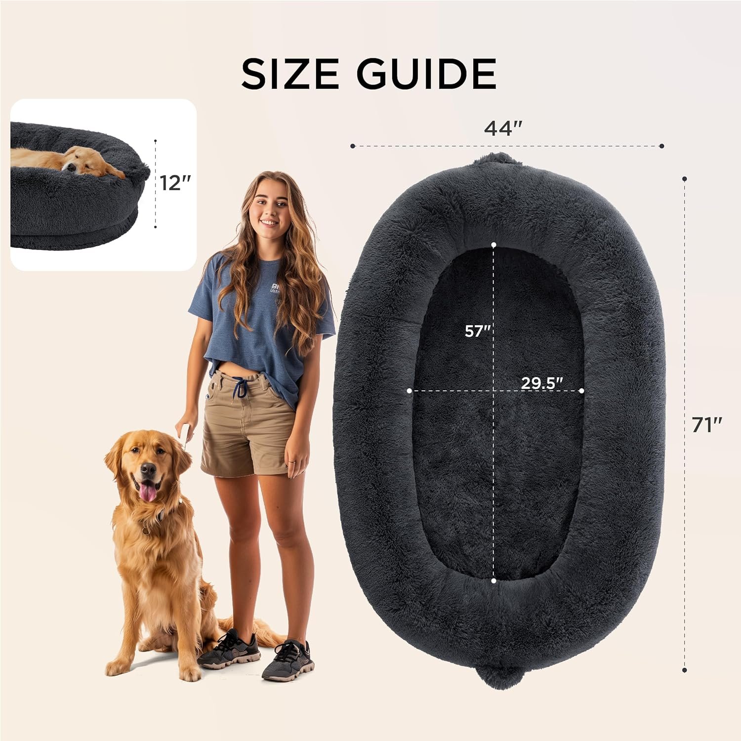 Bedsure Human Dog Bed, 71.0" x 44.0" x 12.0" Calming Giant Human Dog Bed for Adults People Fits Pet Families with Storage Pocket, Fluffy Faux Fur Orthopedic Pet Bean Bed, Dark Grey - Image 7