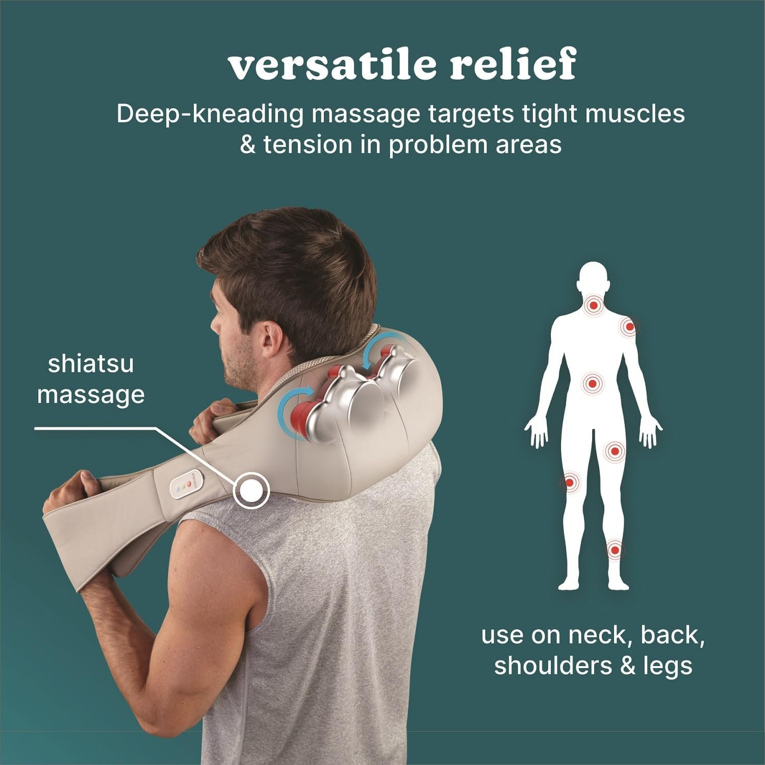 HoMedics Shiatsu Deluxe Neck & Shoulder Massager with Heat, 3 Speeds, Changes Direction, Muscle Kneading for Back, & Legs, Portable, Convenient Straps, Thera-P, Beige - Image 5