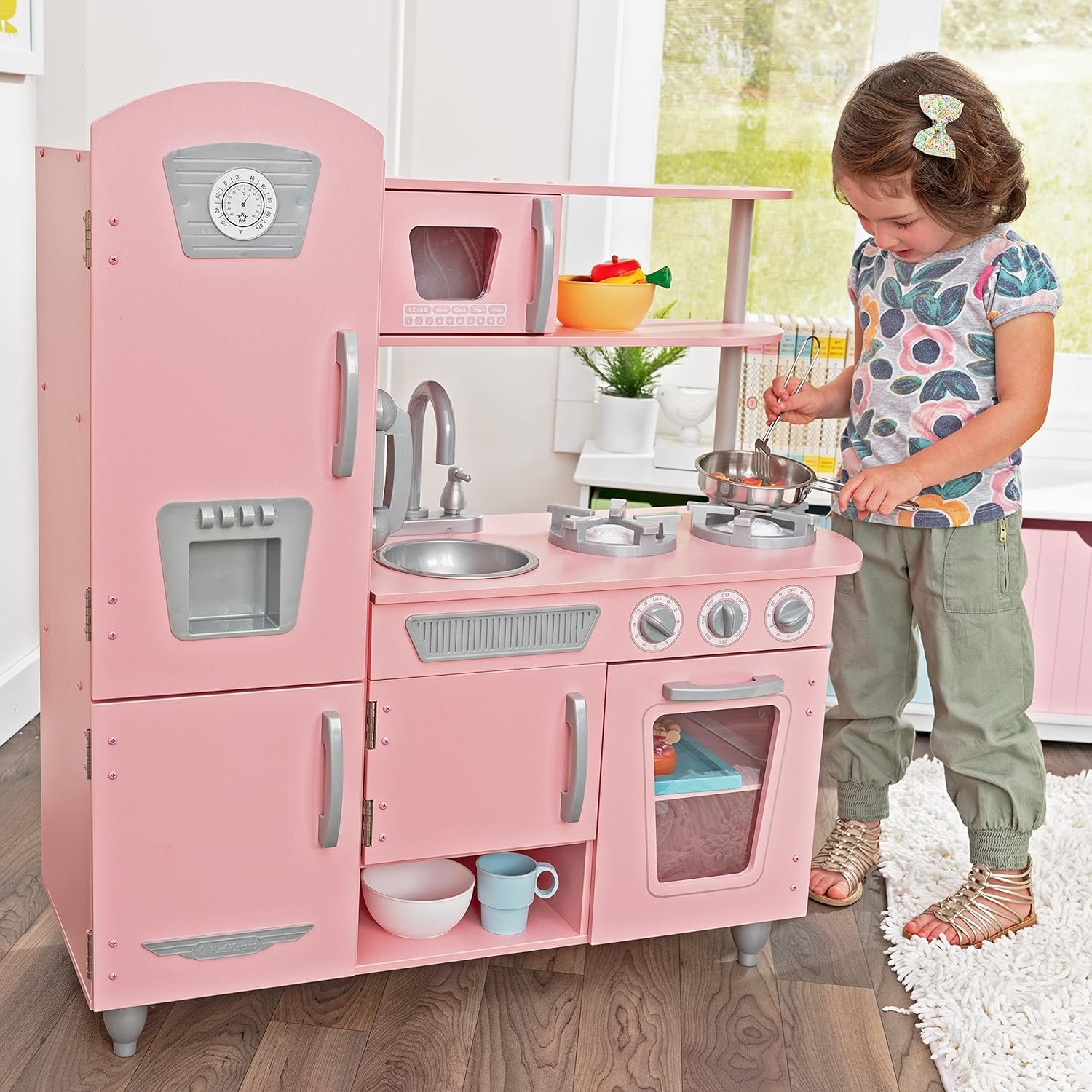 KidKraft Vintage Wooden Play Kitchen with Pretend Ice Maker and Play Phone, Pink - Image 2