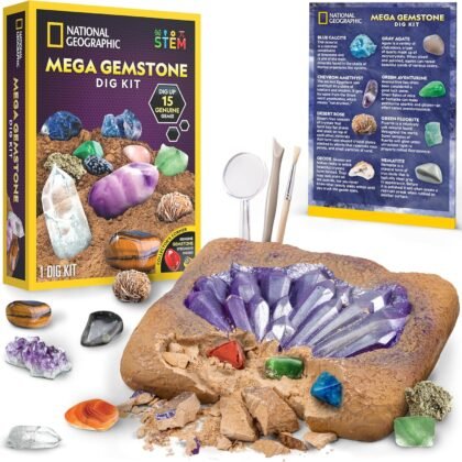 NATIONAL GEOGRAPHIC Mega Gemstone Dig Kit – Dig Up 15 Real Gemstones and Crystals, Science Kit for Kids, Gem Digging Kit, Gift for Girls and Boys, Mining Kit, Rock Collection