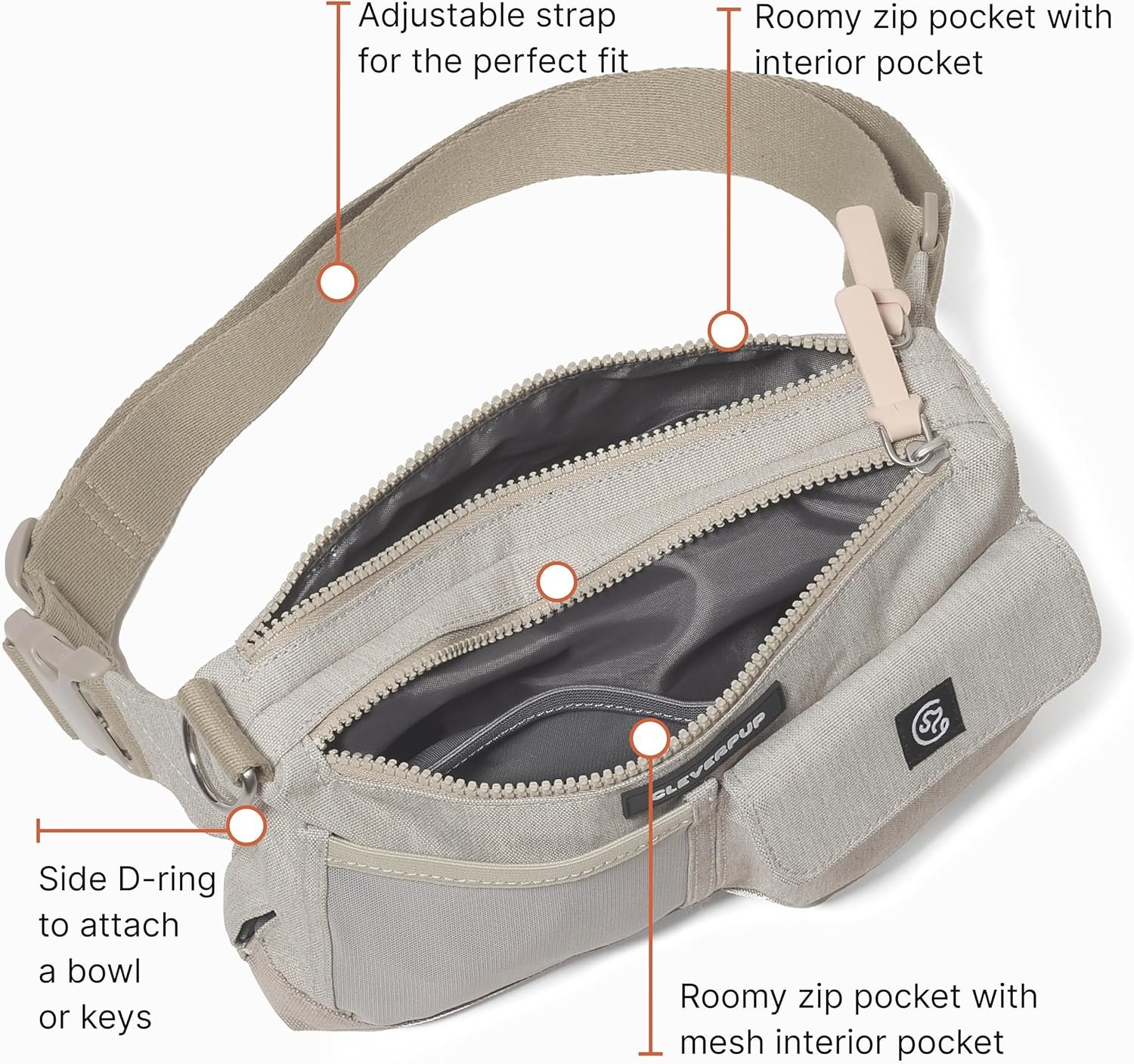 Dog Walk & Train Sling Bag - Hands-Free 2-In-1 Treat Pouch, Poop Bag Holder, Clicker, Phone Pocket - Crossbody/Fanny Pack, Adjustable Strap - Sand - Image 6
