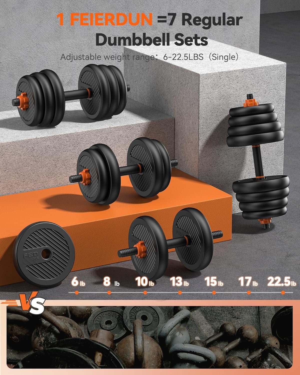 FEIERDUN Adjustable Dumbbells, 20/30/40/45/70/90lbs Free Weight Set with Connector, 5 in1 Dumbbells Set Used as Barbell, Kettlebells, Push up Stand, Weight Plate, Fitness Exercises for Home Gym Suitable Men/Women - Image 3