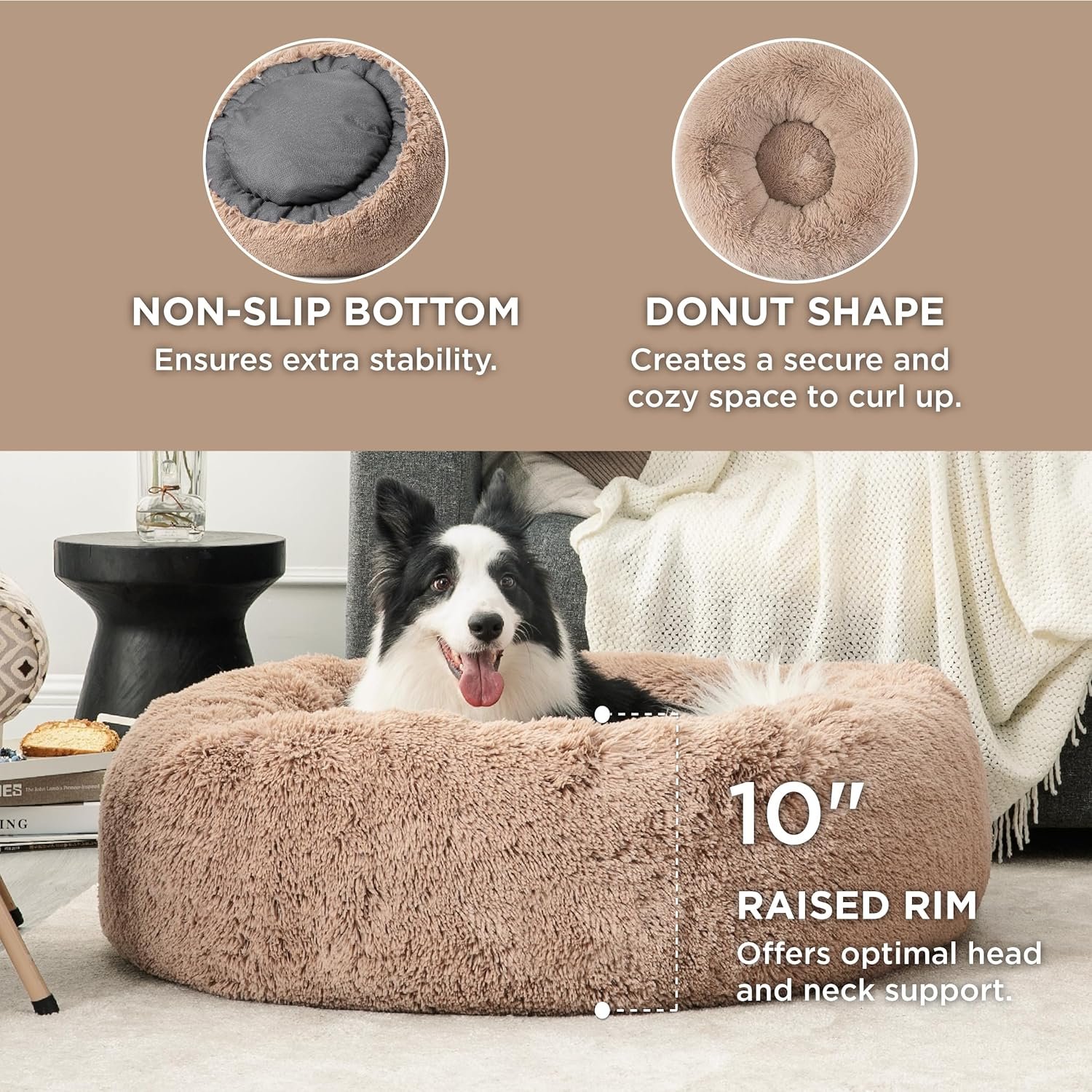 Bedsure Calming Dog Beds Large Sized Dog - Donut Washable Large Pet Bed, 36 inches Anti-Slip Round Fluffy Plush Faux Fur Dogs Bed, Fits up to 80 lbs Pets, Camel - Image 5