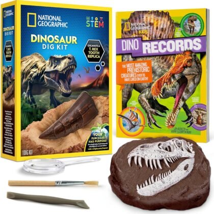 NATIONAL GEOGRAPHIC Dino Fossil Dig Kit & Dinosaur Book for Kids- Excavate a Replica Dinosaur Tooth Fossil and Study Paleontology with a Full-Color Dinosaur Activity Book for Kids (Amazon Exclusive)