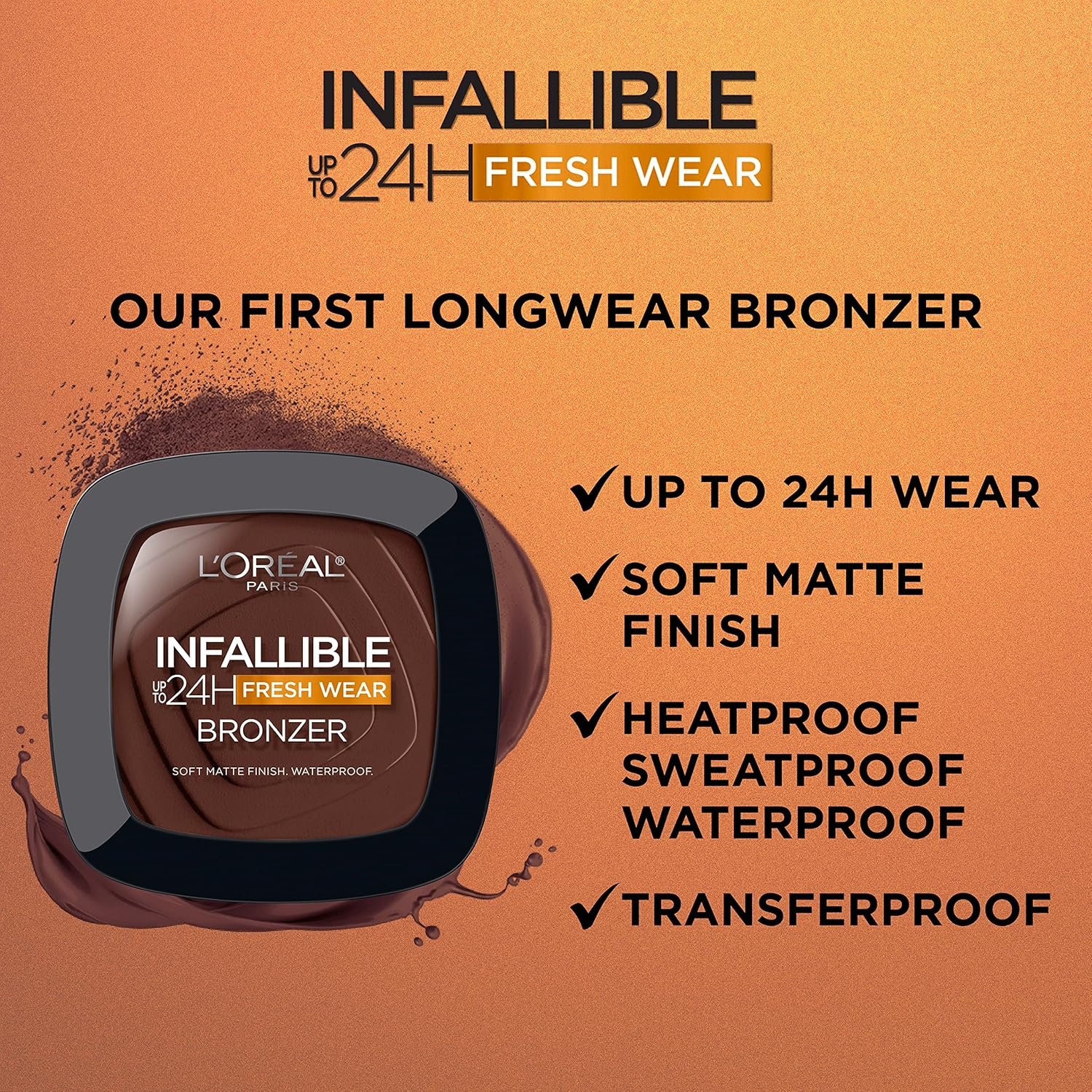L'Oreal Paris Infallible Up to 24H Fresh Wear Soft Matte Longwear Bronzer. Waterproof, heatproof, Transfer, humidity and sweatproof, Dark, 0.31 oz - Image 2