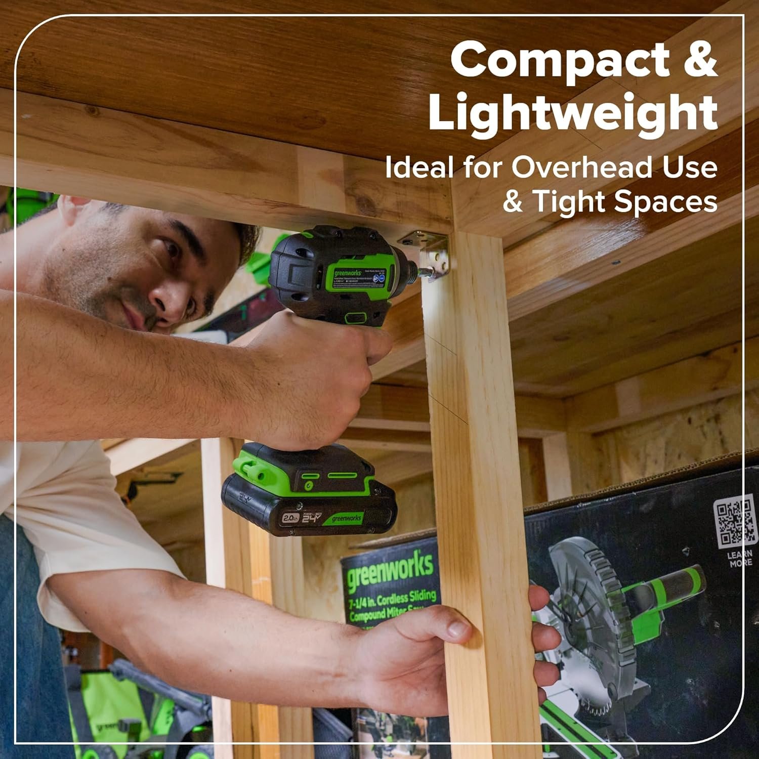 GREENWORKS 24V (4-TOOL) Combo (1/2” Drill + 1/4” Impact Driver + 6.5” Circular Saw + 200Lm Flashlight), 4.0Ah + 2.0Ah Batteries (24,000mAh Power Bank), (2) Braided Cables, 65W Rapid Charger - Image 16