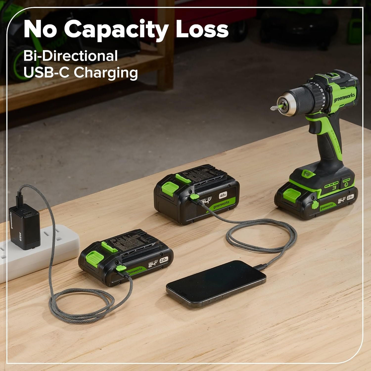 GREENWORKS 24V (4-TOOL) Combo (1/2” Drill + 1/4” Impact Driver + 6.5” Circular Saw + 200Lm Flashlight), 4.0Ah + 2.0Ah Batteries (24,000mAh Power Bank), (2) Braided Cables, 65W Rapid Charger - Image 23
