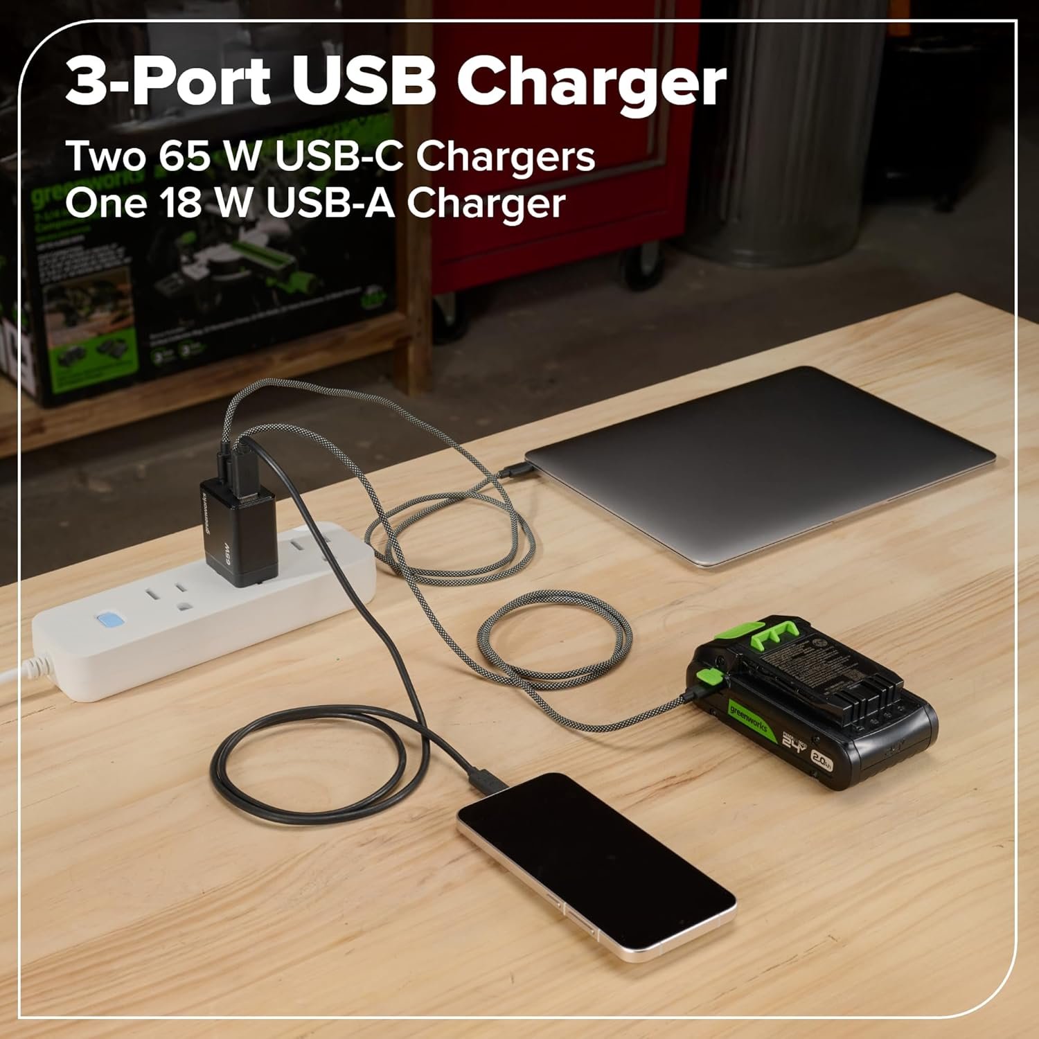 GREENWORKS 24V (4-TOOL) Combo (1/2” Drill + 1/4” Impact Driver + 6.5” Circular Saw + 200Lm Flashlight), 4.0Ah + 2.0Ah Batteries (24,000mAh Power Bank), (2) Braided Cables, 65W Rapid Charger - Image 24