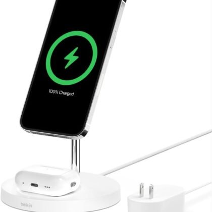 Belkin MagSafe 2-in-1 Wireless Charging Stand for Apple iPhone 16, iPhone 15, iPhone 14, & iPhone 13 Series & AirPods - MagSafe Fast Charging Station for Multiple Devices - White