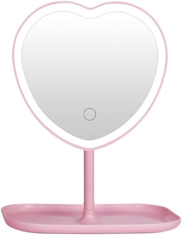 Vanity Mirror, Heart-Shaped Makeup Mirror with Three-Level Dimming and LED Lights for Girls and Students (Pink)