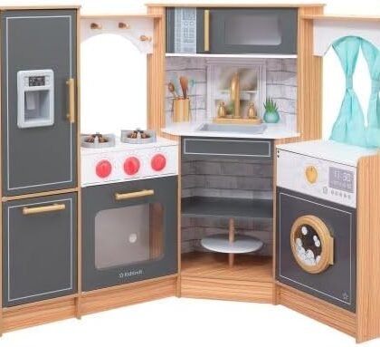 KidKraft Ultimate Corner Wooden Play Kitchen with Lights & Sounds, Play Phone and Curtains, Natural, Gift for Ages 3+