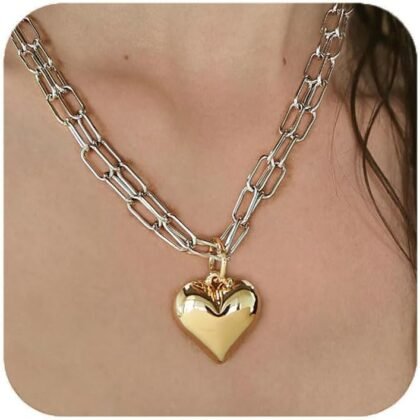 CLASSYZINT Chunky Chain Gold Heart Pendant Necklace And Two Tone Heart Pendant Necklace for Women Minimalist Statement Jewelry Layering Accessory