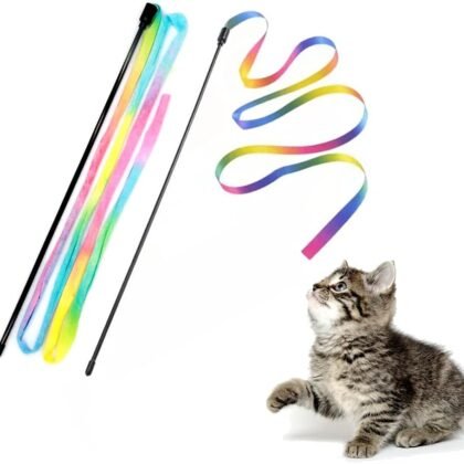 LASOCUHOO Interactive Cat Wand Toys Interactive Cat Teaser Wand String Ribbon Rainbow Charmer for Cats and Kittens - 2 Packs