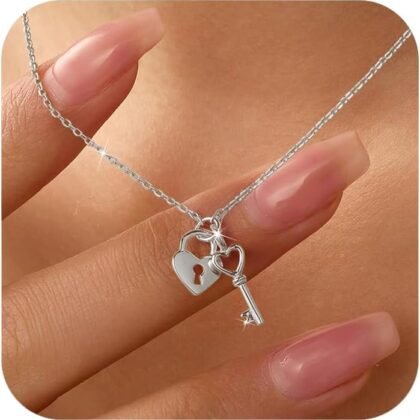 SUYACS Heart Lock Key Necklaces for Women Couple 925 Sterling Silver Love Heart Pendant Necklace Dainty 14K Gold Plated Padlock Collar Choker Chain Birthday Gifts for Girlfriend