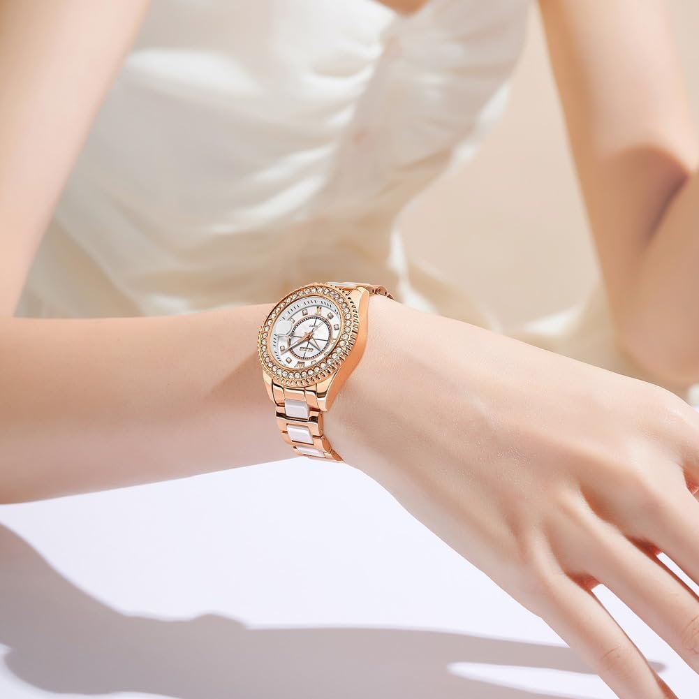 OLEVS Watches for Women Diamond with Date Luxury Leather Female Waterproof Women Wrist Watch Analog Dress Stainless Steel Ladies Watch Luminous Calendar Women Watch Green/Silver/Red Dial - Image 5