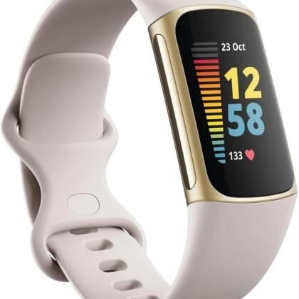 Fitbit Charge 5 Advanced Health & Fitness Tracker with Built-in GPS, Stress Management Tools, Sleep Tracking, 24/7 Heart Rate and More, Lunar White/Soft Gold, One Size (S &L Bands Included)