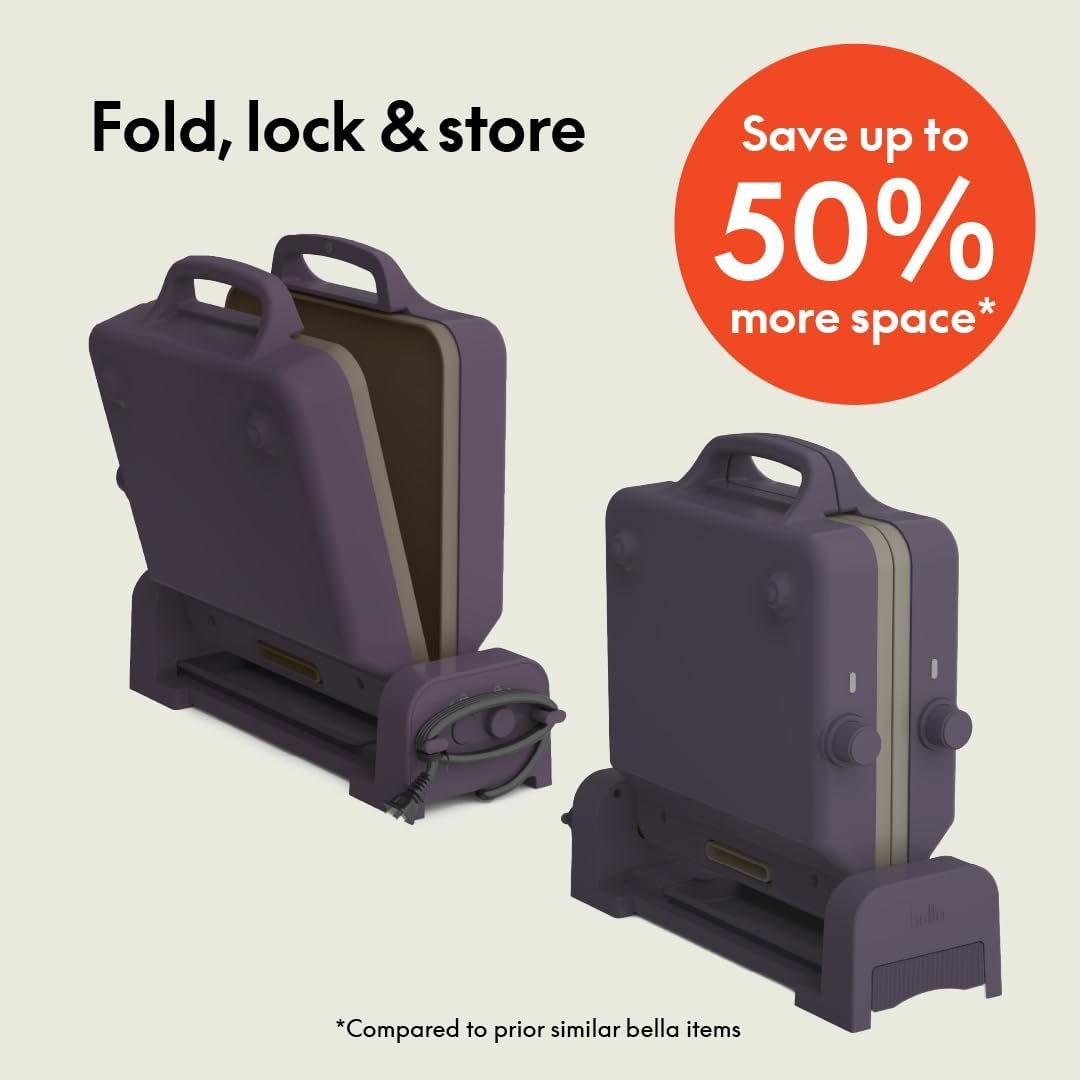 bella 10"x 20" Ceramic Fold-n-Store Dual Temp Griddle, Fits-anywhere Kitchenware, EverGood Ceramic Nonstick Coating, 2 Temperature Zones up to 400°F, Dishwasher Safe Drip Tray, 1500 Watt, Plum - Image 2