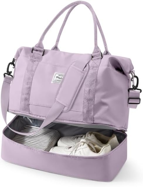 Travel Duffel Bag, 18x14x8 Inches Travel Bag Spirit with Shoes Compartment, Weekender Overnight Bag for Women with Trolley Sleeve, Carry On Bag for Airplanes Sport Tote Gym Bag Purple