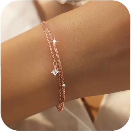 Dainty 925 Sterling Silver Birthstone Layered Bracelets for Women Cubic Zirconia Solitaire Diamond Bracelet Simple Sparkle Twisted Charm Chain Bracelets Jewelry Christmas Gifts for Her