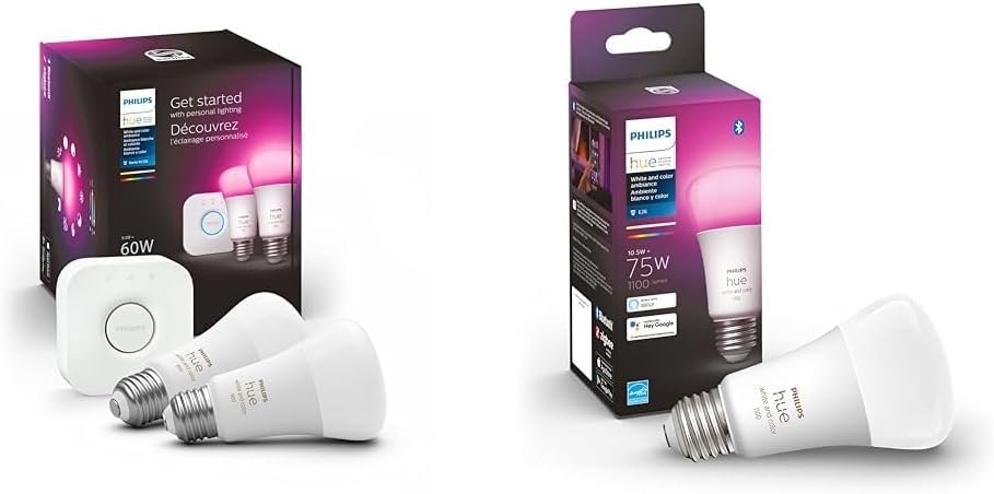 Philips Hue Smart Light Starter Kit - Includes Bridge and 60W A19 LED Bulb & Smart 75W A19 LED Bulb - White and Color Ambiance Color-Changing Light - 1 Pack - 1100LM - E26 - Indoor