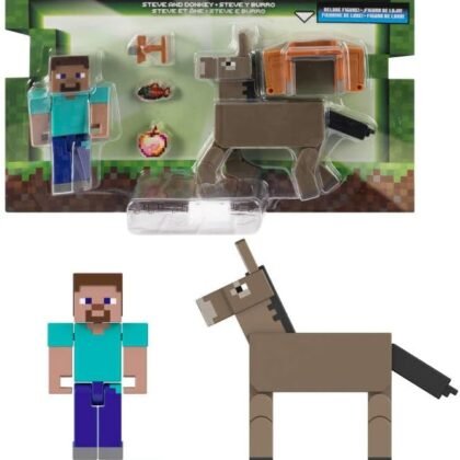 Mattel Minecraft Action Figures & Accessories 2-Pack, Steve & Donkey in 3.25-inch Scale, Collectible Toy Set