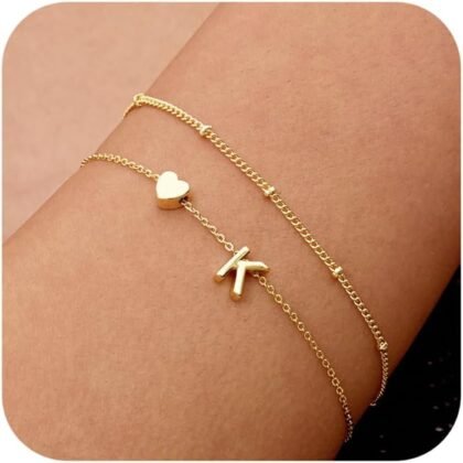DEARMAY Dainty Initial Heart 14K Gold Plated Bracelets for Women Trendy, Letter Charm Bracelet Jewelry Cute Simple Fashion Chain Gift