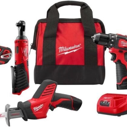 Milwaukee 2498-25 M12 12V Cordless 5-Tool Combo Kit: 2407-20 3/8 in.Drill/Driver + 2462-20 1/4 in. Hex Impact Driver+2420-20 Hackzall Recip Saw+2457-20 3/8 in.Ratchet+49-24-0146 LED Worklight,YKGAV