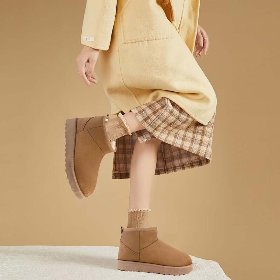 Women Suede Classic Ultra Mini Snow Boots, Faux Fur Lined Slip On Ankle Winter Booties, Womens Warm No Slip Short Boot, Botas De Invierno Para Mujer - Image 2