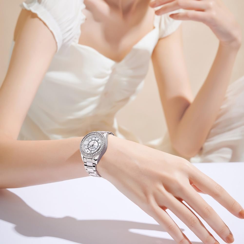 OLEVS Watches for Women Diamond with Date Luxury Leather Female Waterproof Women Wrist Watch Analog Dress Stainless Steel Ladies Watch Luminous Calendar Women Watch Green/Silver/Red Dial - Image 4